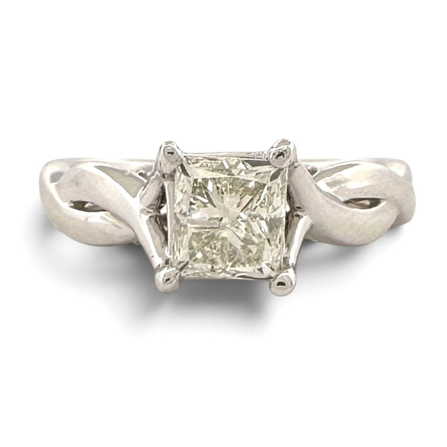1.00ct Princess Cut Center with Round Brilliant Natural Diamond Bridge Engagement Ring in 14k White Gold