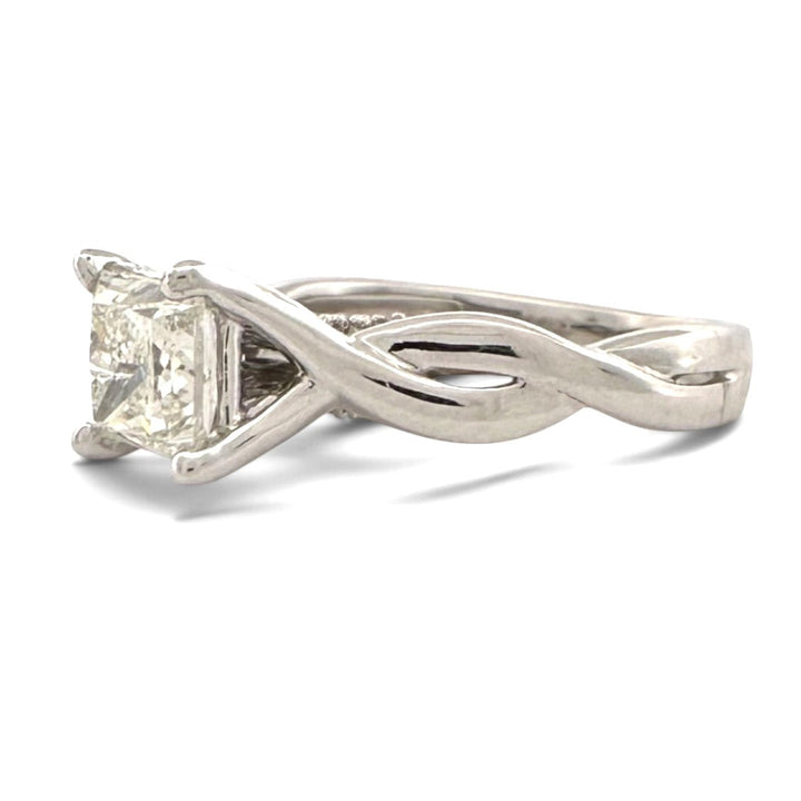 1.00ct Princess Cut Center with Round Brilliant Natural Diamond Twisted Engagement Ring in 14k White Gold
