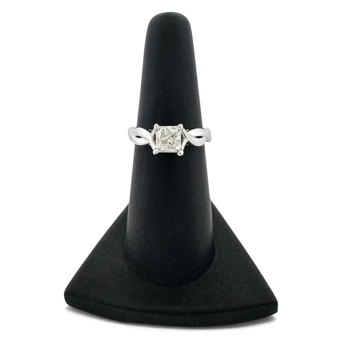 1.00ct Princess Cut Center with Round Brilliant Natural Diamond Bridge Engagement Ring in 14k White Gold