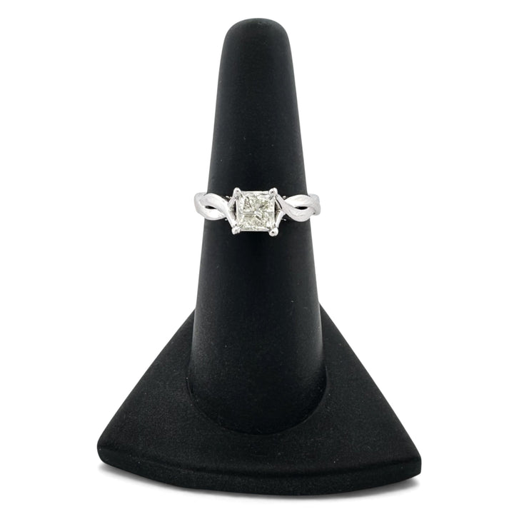 1.00ct Princess Cut Center with Round Brilliant Natural Diamond Bridge Engagement Ring in 14k White Gold