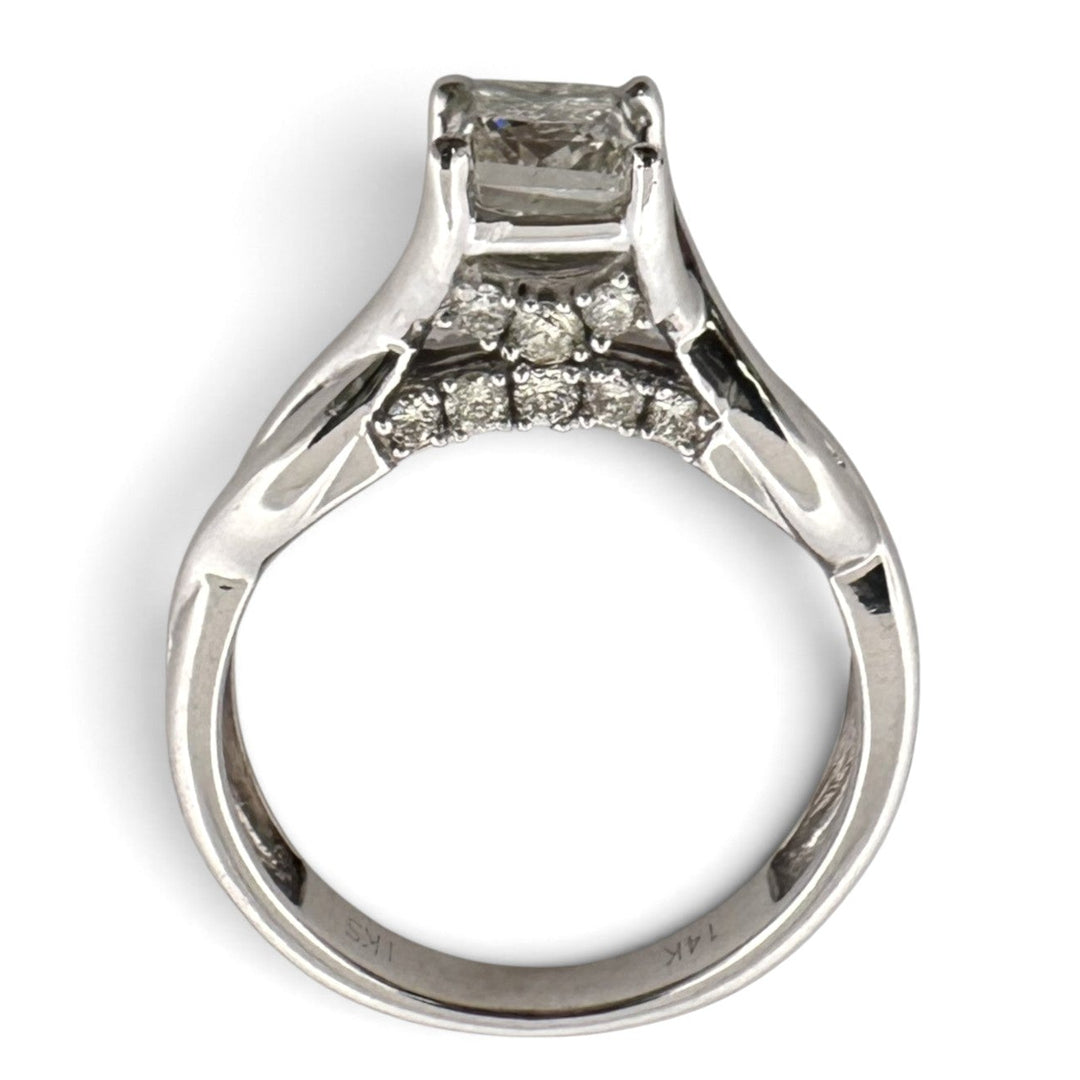 1.00ct Princess Cut Center with Round Brilliant Natural Diamond Bridge Engagement Ring in 14k White Gold