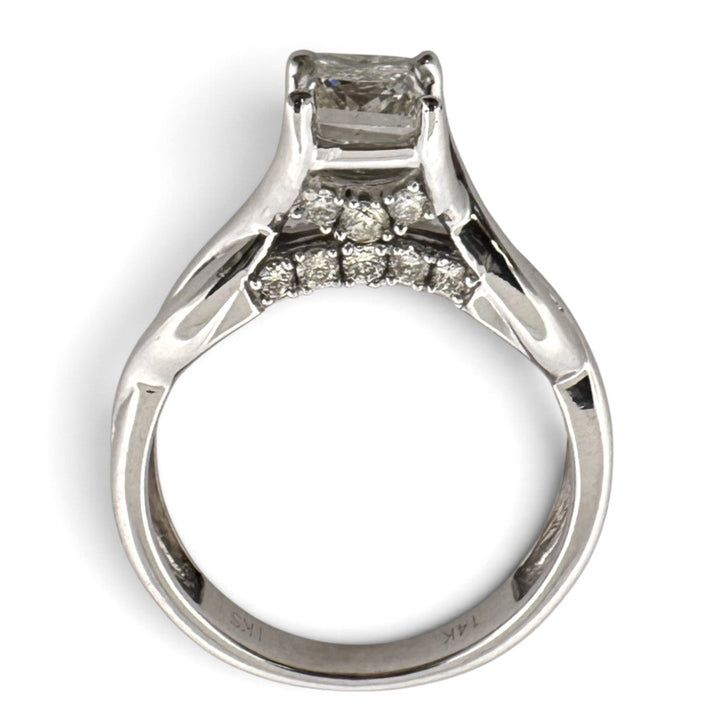 1.00ct Princess Cut Center with Round Brilliant Natural Diamond Bridge Engagement Ring in 14k White Gold