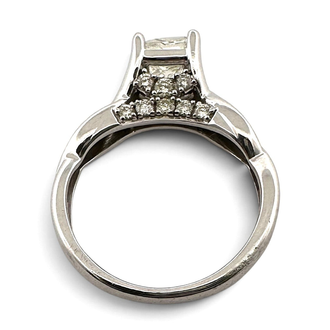 1.00ct Princess Cut Center with Round Brilliant Natural Diamond Bridge Engagement Ring in 14k White Gold
