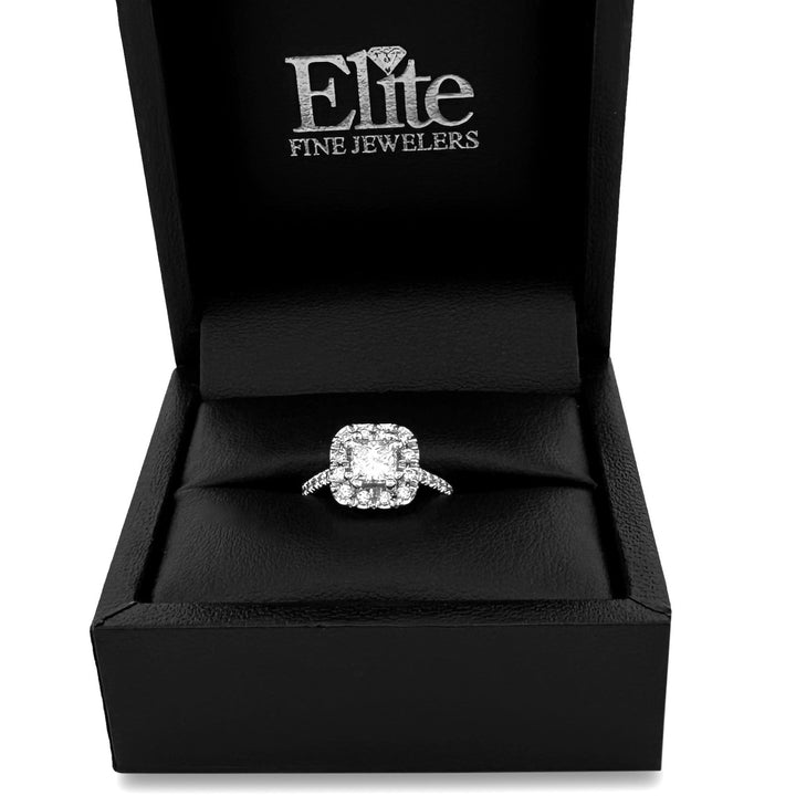 GIA Graded 0.80ct Princess Cut & Round Brilliant Halo Natural Diamond Engagement Ring in 18k White Gold