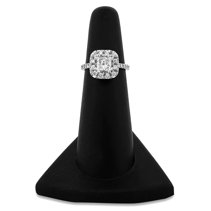 GIA Graded 0.80ct Princess Cut & Round Brilliant Halo Natural Diamond Engagement Ring in 18k White Gold