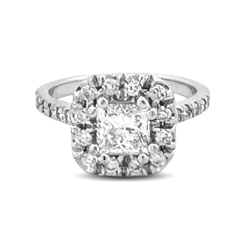 GIA Graded 0.80ct Princess Cut & Round Brilliant Halo Natural Diamond Engagement Ring in 18k White Gold