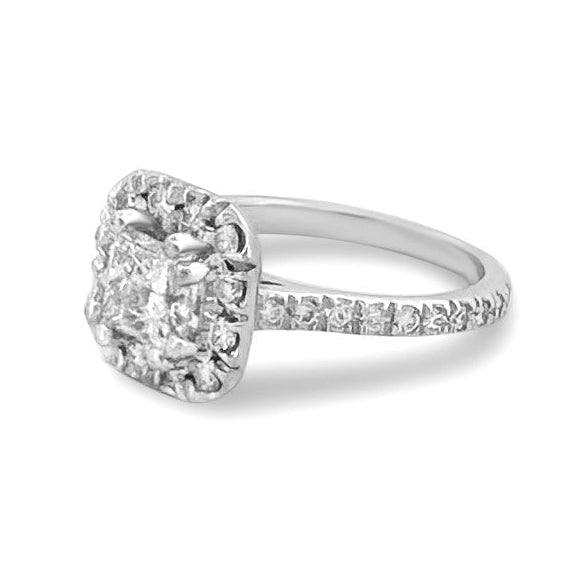 GIA Graded 0.80ct Princess Cut & Round Brilliant Halo Natural Diamond Engagement Ring in 18k White Gold