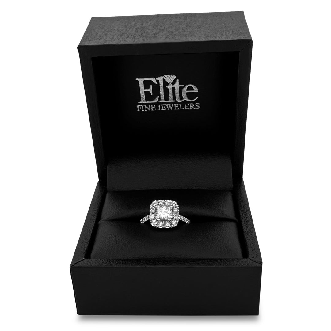 GIA Graded Princess Cut & Round Brilliant Halo Natural Diamond Engagement Ring in 18k White Gold
