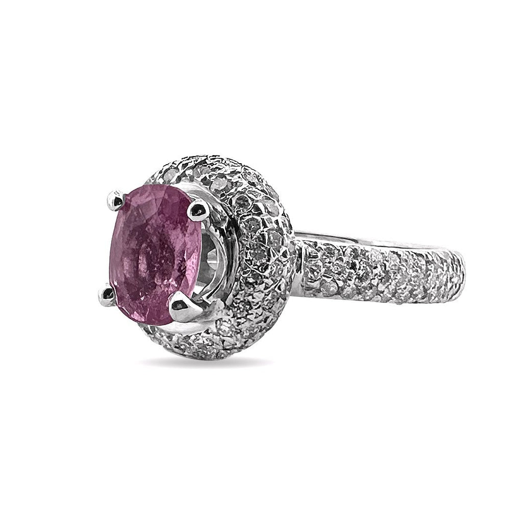 1.76cts Oval Pink Sapphire with Diamond Halo Ring in 14k White Gold