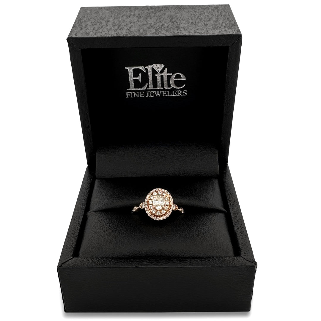 0.64ctw Oval Cut & Round Brilliant Natural Diamond Double Halo Engagement Ring 14k Rose Gold