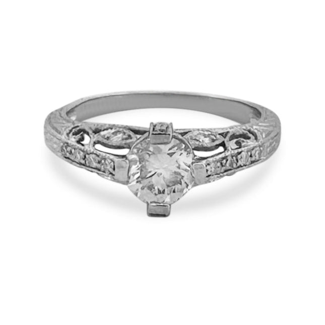 0.82ctw Round Brilliant Natural Diamond Vintage Inspired Engagement Ring in 10k White Gold