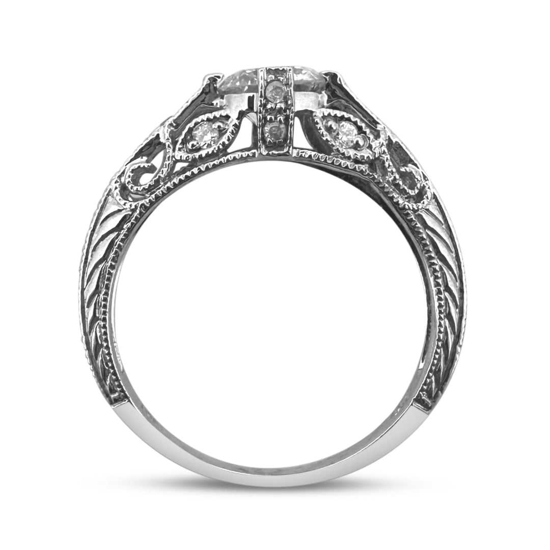 0.82ctw Round Brilliant Natural Diamond Vintage Inspired Engagement Ring in 10k White Gold