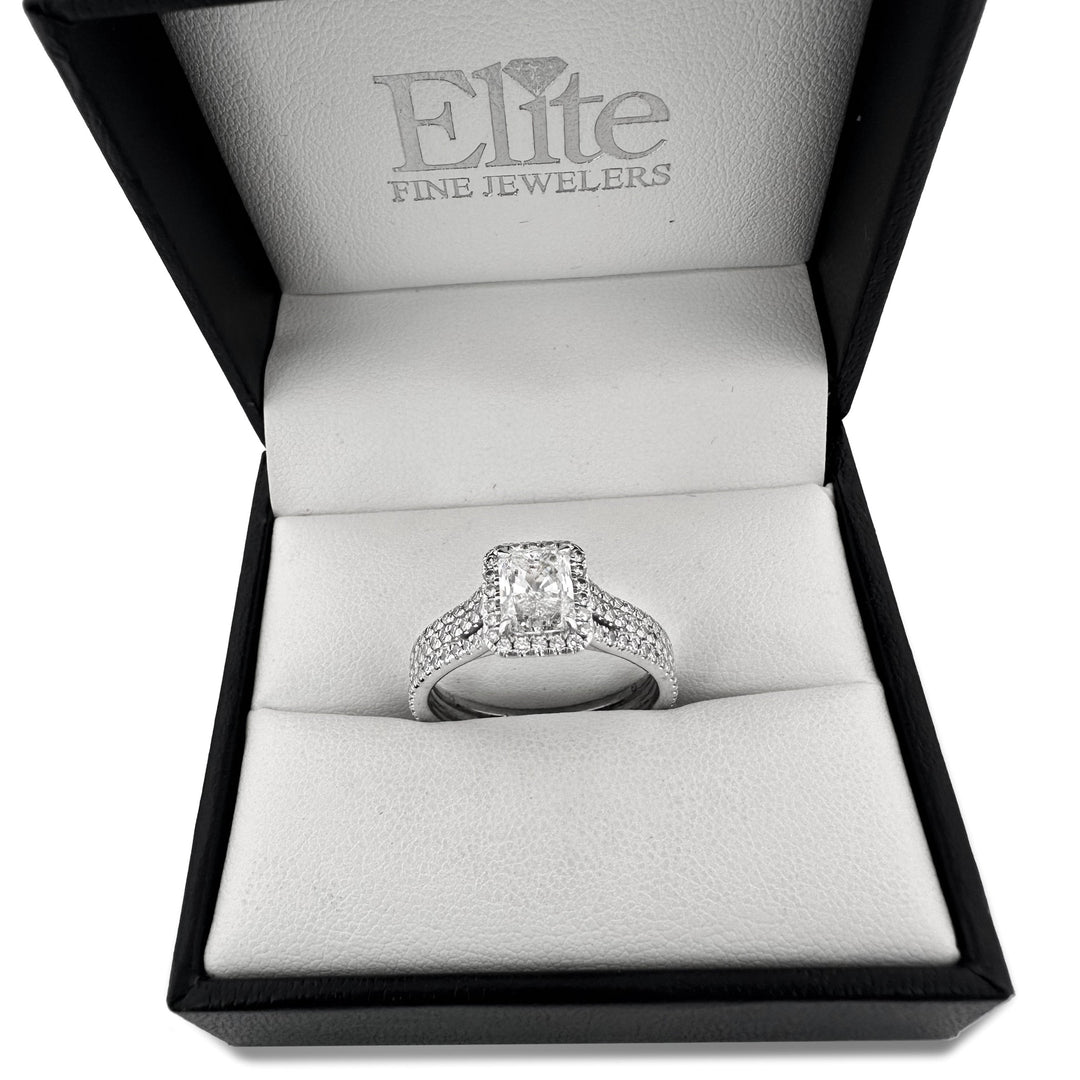 GIA Graded 1.20ct Radiant Cut & Round Brilliant Natural Diamond Halo Engagement Ring in 14k White Gold