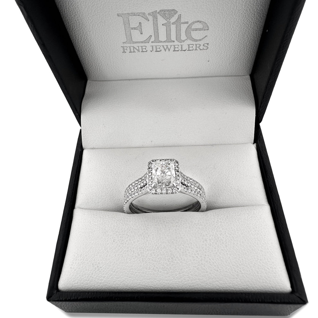 GIA Graded 1.20ct Radiant Cut & Round Brilliant Natural Diamond Halo Engagement Ring in 14k White Gold