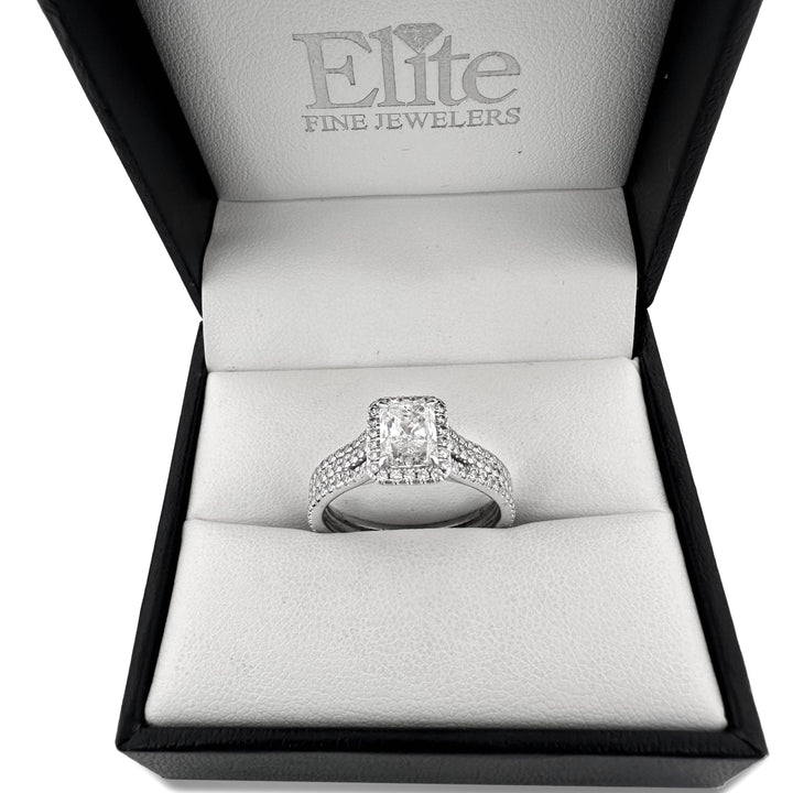 GIA Graded 1.20ct Radiant Cut & Round Brilliant Natural Diamond Halo Engagement Ring in 14k White Gold