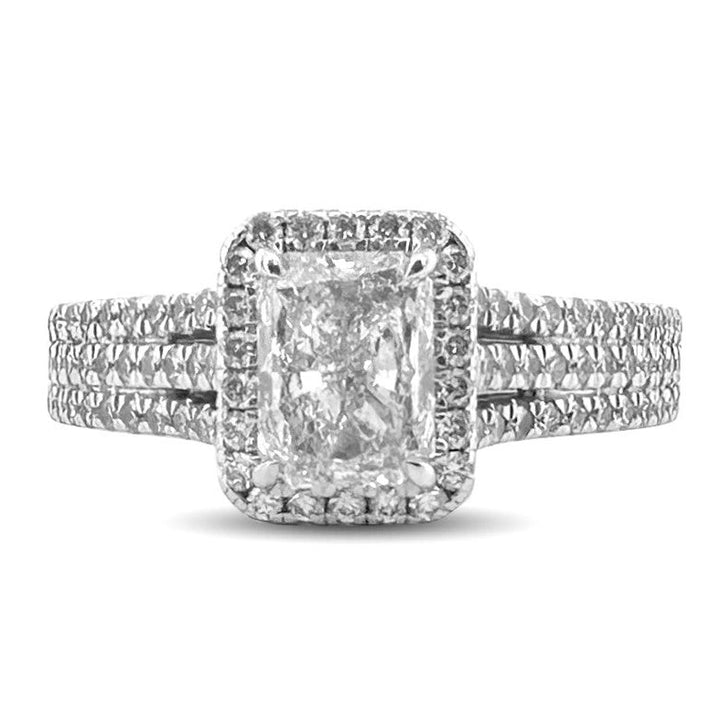 GIA Graded 1.20ct Radiant Cut & Round Brilliant Natural Diamond Halo Engagement Ring in 14k White Gold