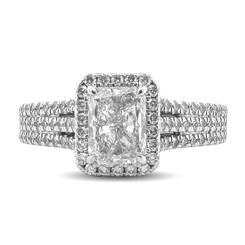 GIA Graded 1.20ct Radiant Cut & Round Brilliant Natural Diamond Halo Engagement Ring in 14k White Gold