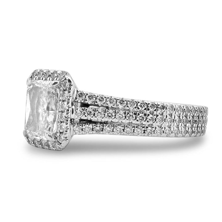 GIA Graded 1.20ct Radiant Cut & Round Brilliant Natural Diamond Halo Engagement Ring in 14k White Gold