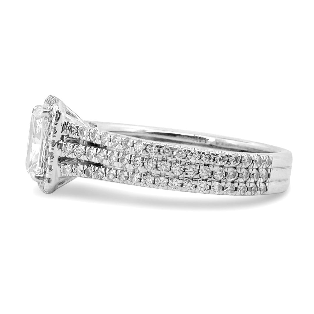 GIA Graded 1.20ct Radiant Cut & Round Brilliant Natural Diamond Halo Engagement Ring in 14k White Gold