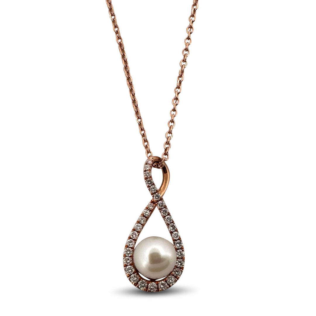 Cultured Pearl & Natural Round Brilliant Diamond Pendant Necklace in 14k Rose Gold