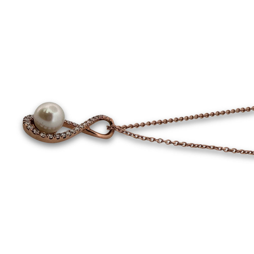 Cultured Pearl & Natural Round Brilliant Diamond Pendant Necklace in 14k Rose Gold
