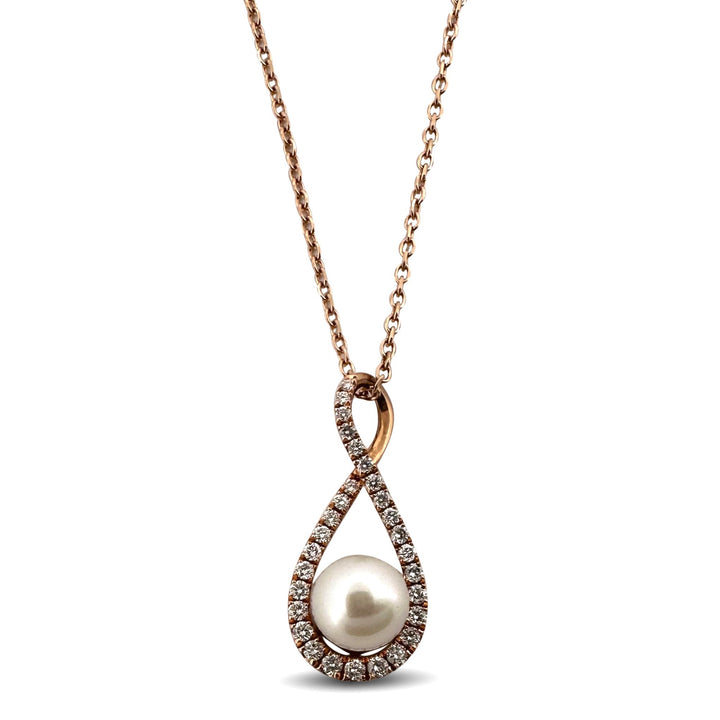 Cultured Pearl & Natural Round Brilliant Diamond Pendant Necklace in 14k Rose Gold