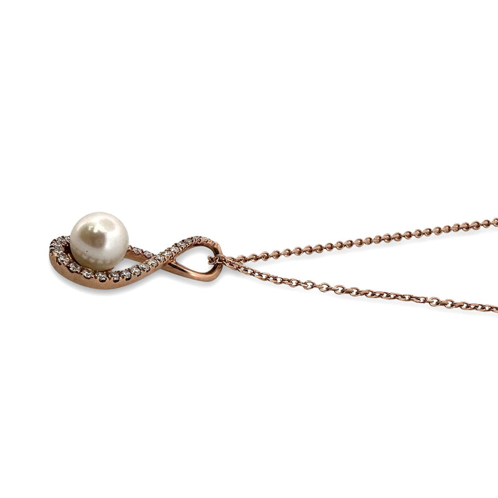 Cultured Pearl & Natural Round Brilliant Diamond Pendant Necklace in 14k Rose Gold