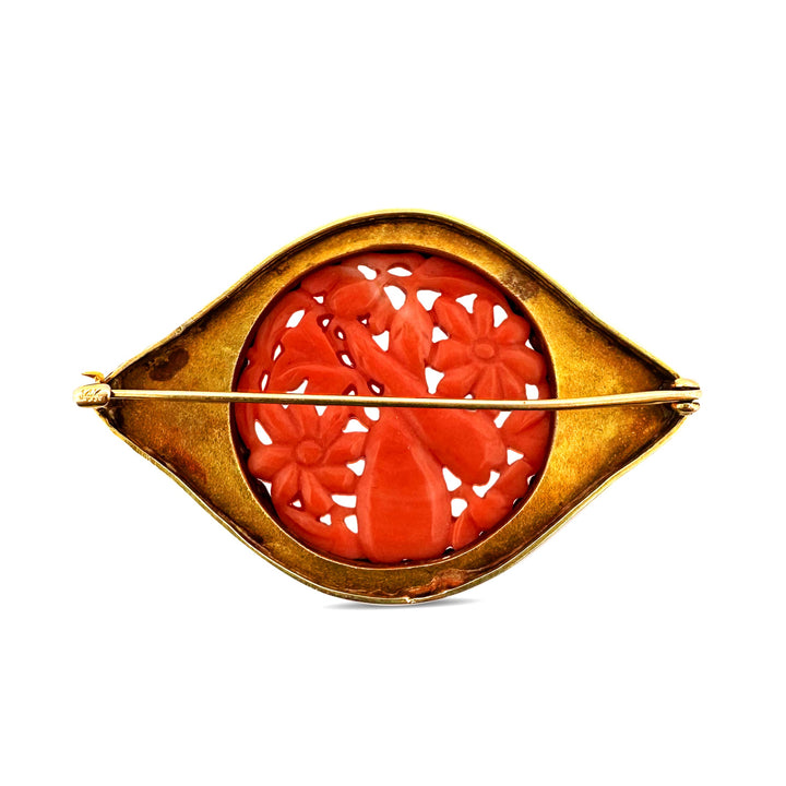 Antique Carved Coral and Enamel Brooch in 14k Yellow Gold
