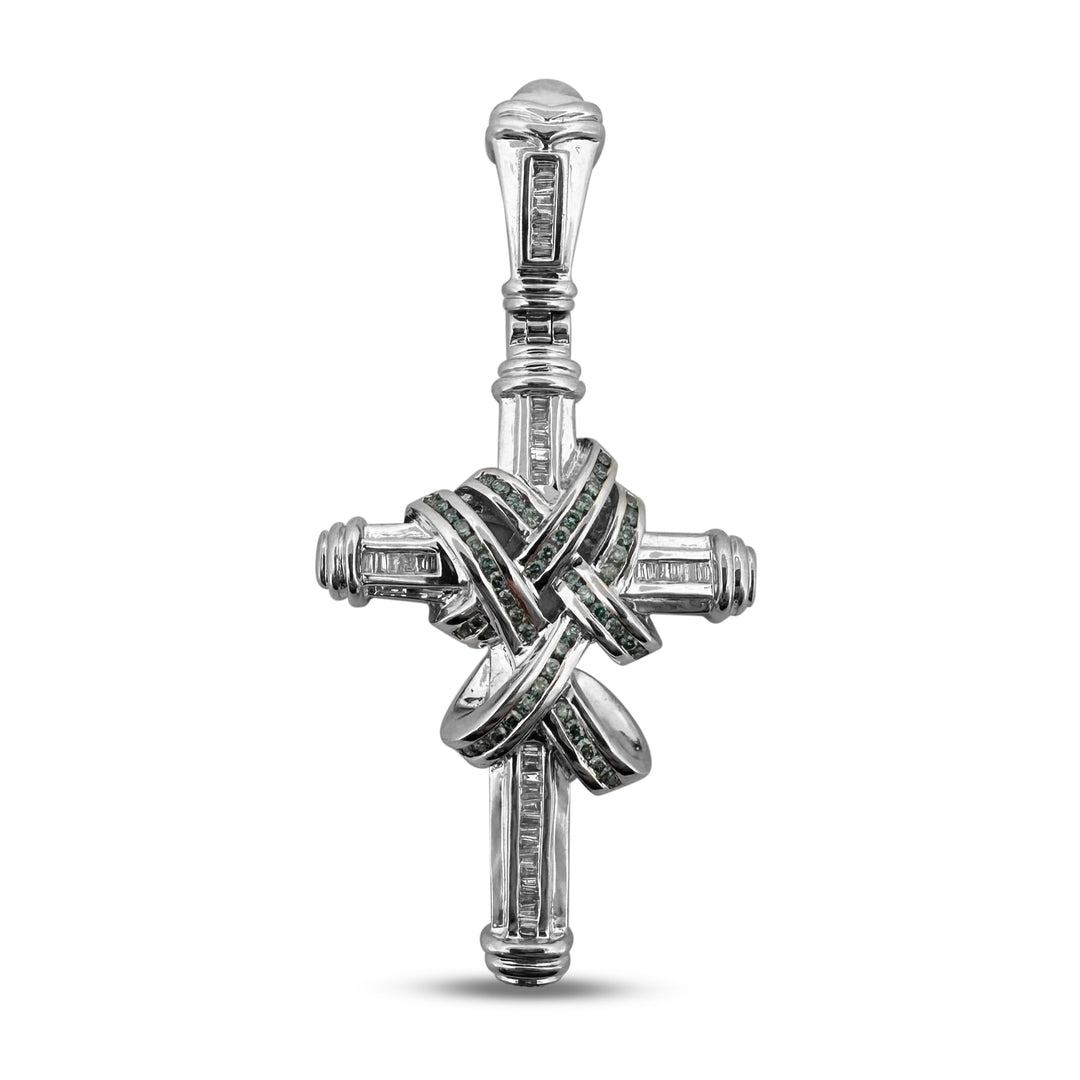 1.50ctw Blue Round Brilliant and Baguette Cut Diamond Cross Pendant in 14k White Gold