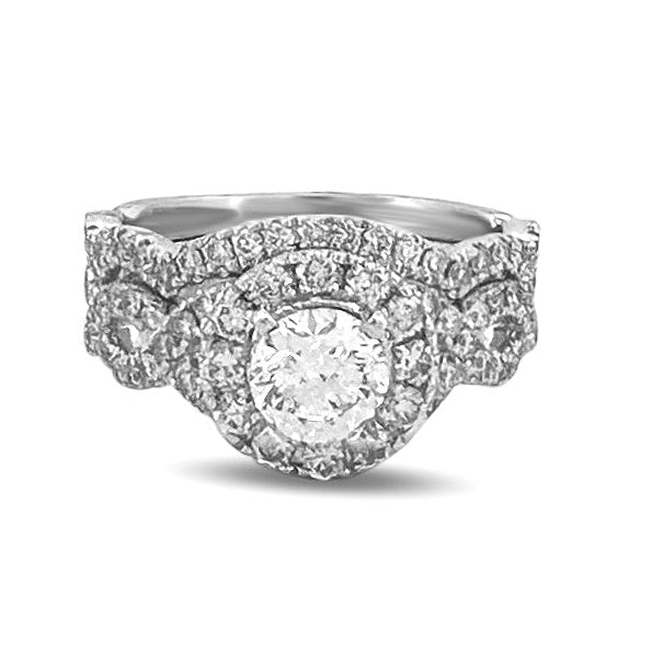 GIA Graded 0.82ct Round Brilliant Natural Diamond Halo Engagement Ring & Wedding Band in 14k White Gold