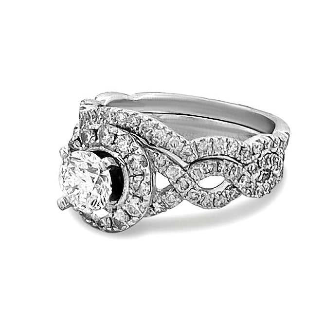 GIA Graded 0.82ct Round Brilliant Natural Diamond Halo Engagement Ring & Wedding Band in 14k White Gold