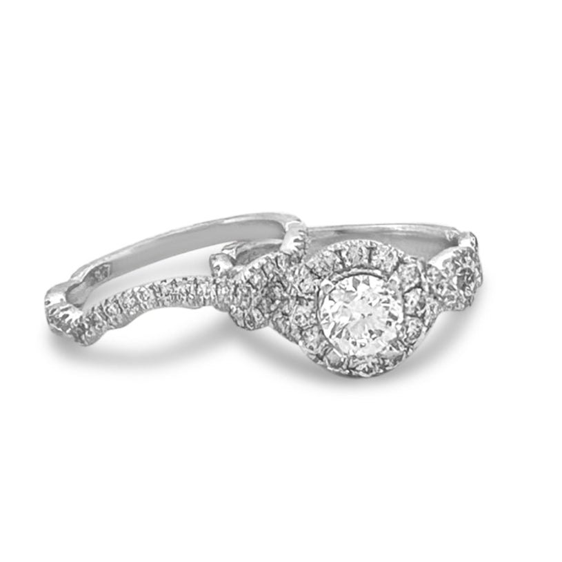 GIA Graded 0.82ct Round Brilliant Natural Diamond Halo Engagement Ring & Wedding Band in 14k White Gold