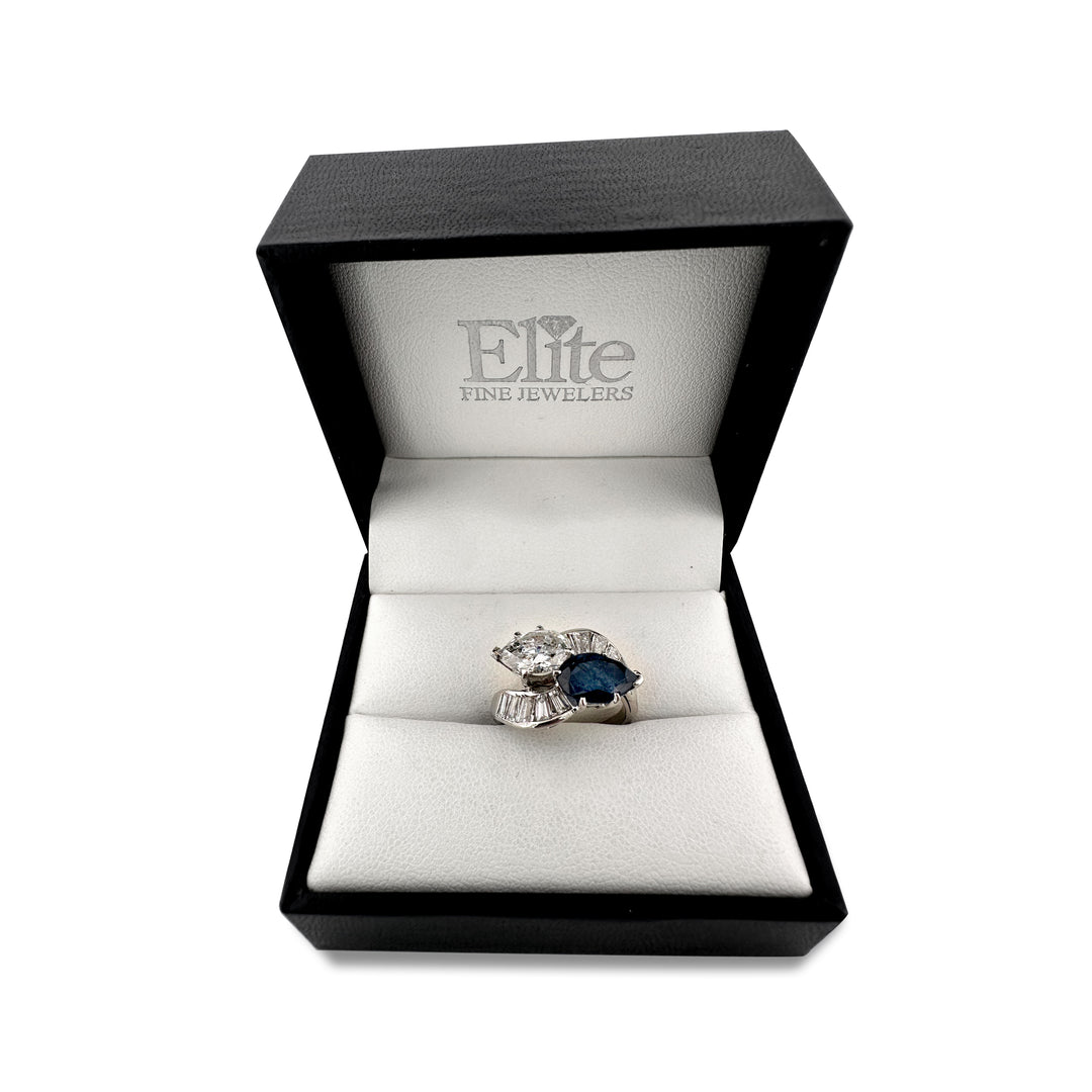 Vintage Pear Shaped Diamond & Pear Shaped Sapphire Bypass Cocktail Ring in Platinum