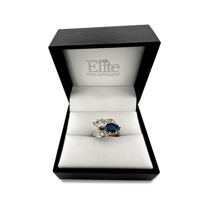 Vintage Pear Shaped Diamond & Pear Shaped Sapphire Bypass Cocktail Ring in Platinum