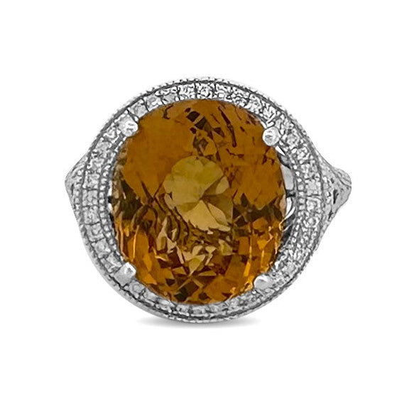 7.50cts Oval Heliodor Beryl & Round Brilliant Diamond Halo Filigree Cocktail Ring in 14k White Gold