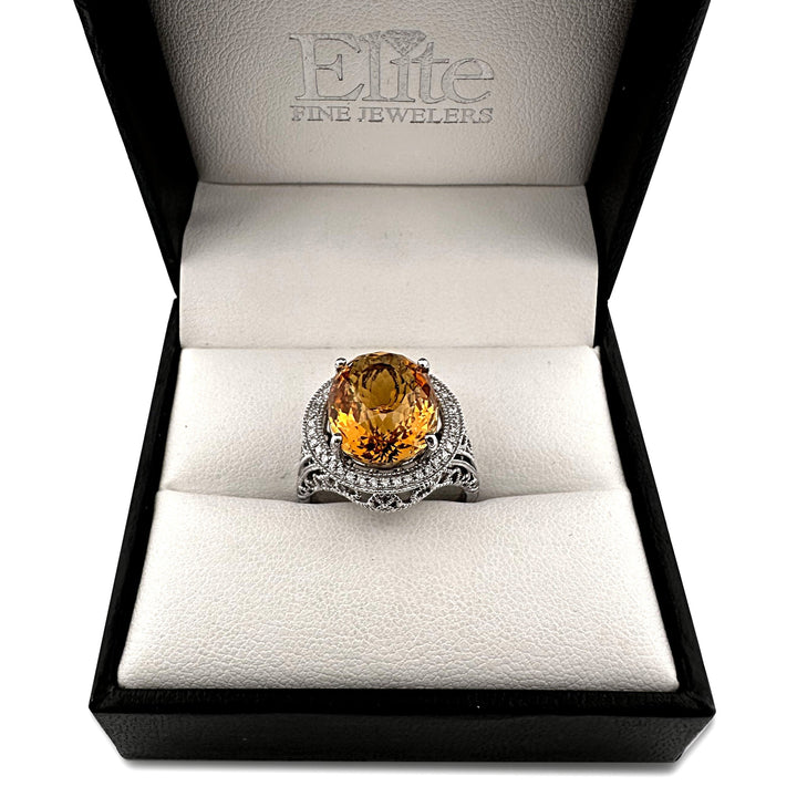 7.50cts Oval Heliodor Beryl & Round Brilliant Diamond Halo Filigree Cocktail Ring in 14k White Gold