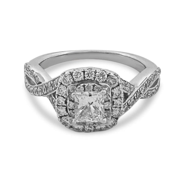 EGL Graded 1.14ctw Princess Cut with Round Brilliant Halo Natural Diamond Engagement Ring in 14k White Gold by Neil Lane