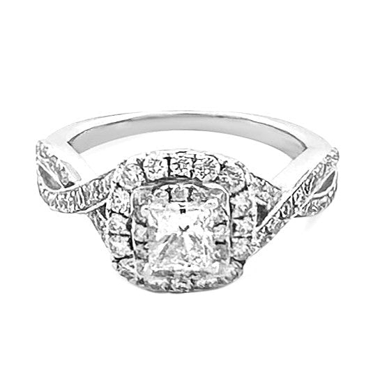 EGL Graded 1.14ctw Princess Cut with Round Brilliant Halo Natural Diamond Engagement Ring in 14k White Gold by Neil Lane