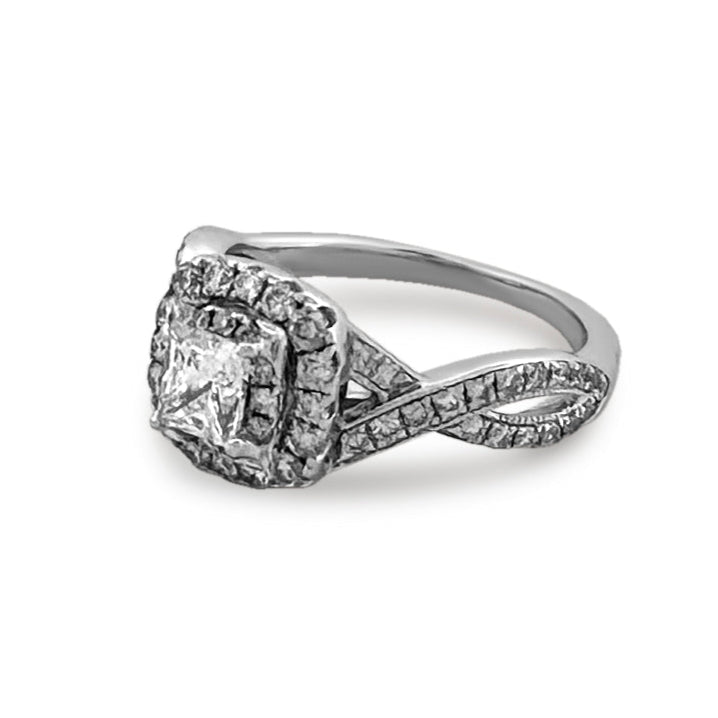 EGL Graded 1.14ctw Princess Cut with Round Brilliant Halo Natural Diamond Engagement Ring in 14k White Gold by Neil Lane
