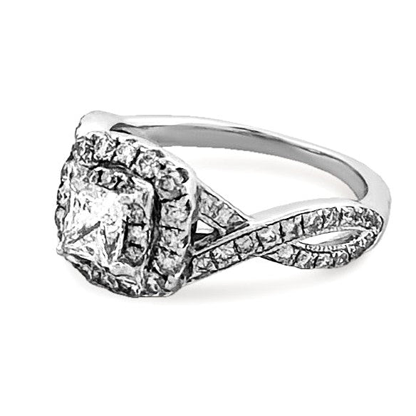 EGL Graded 1.14ctw Princess Cut with Round Brilliant Halo Natural Diamond Engagement Ring in 14k White Gold by Neil Lane