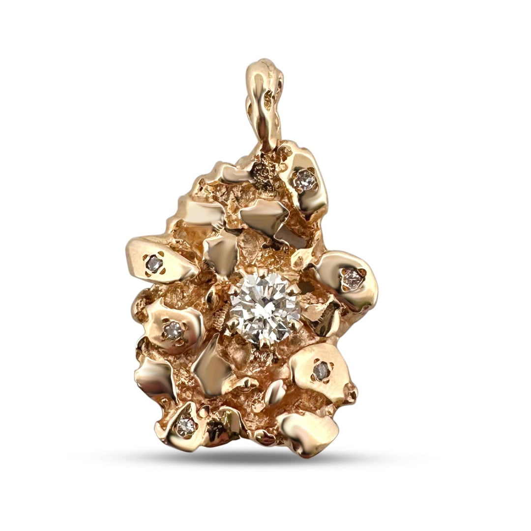 0.88ctw Round Brilliant Natural Diamond Gold Nugget Style Pendant in 14k Yellow Gold