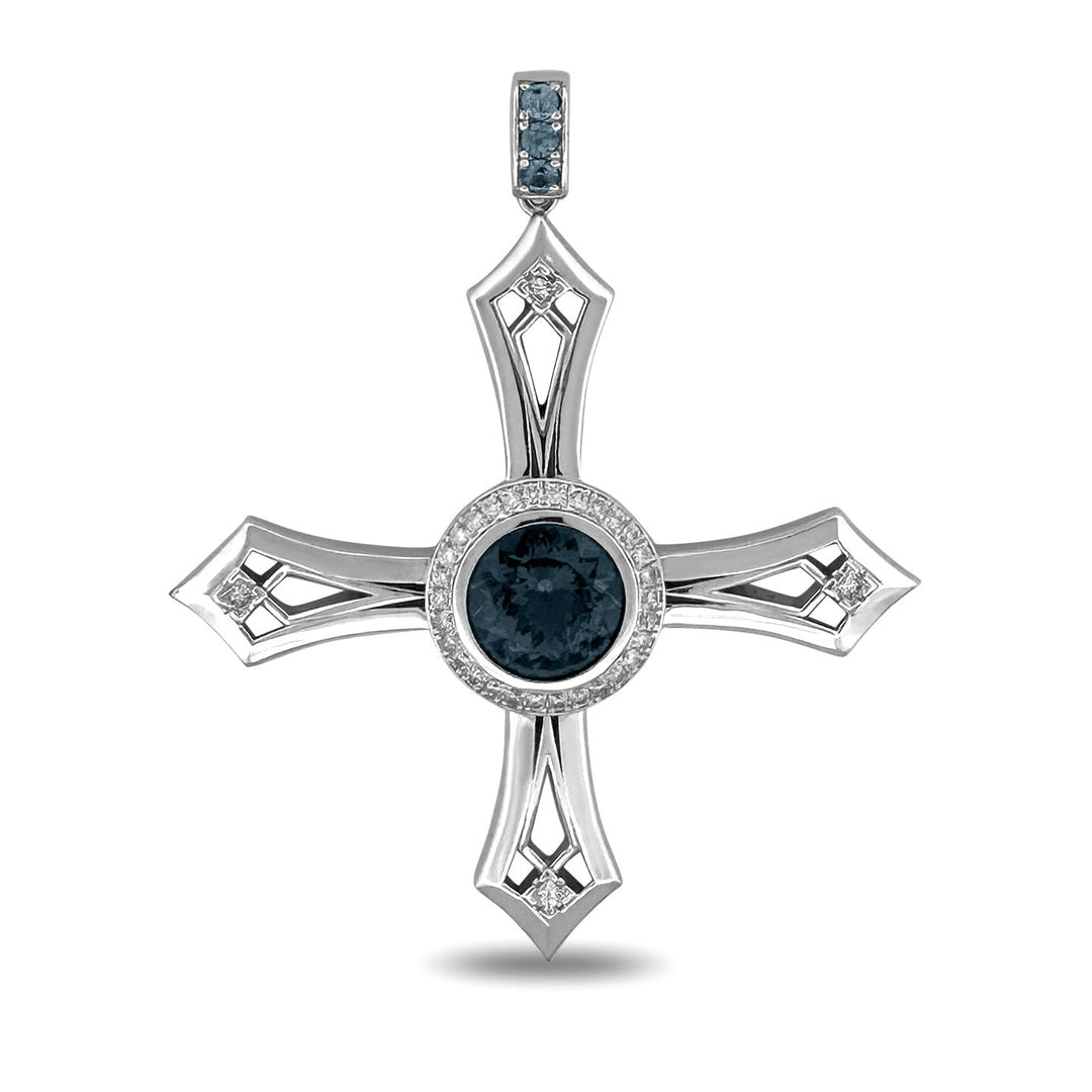 6ct Round Blue Topaz with Natural Diamonds Cross Pendant in 14k White Gold