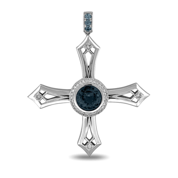 6ct Round Blue Topaz with Natural Diamonds Cross Pendant in 14k White Gold