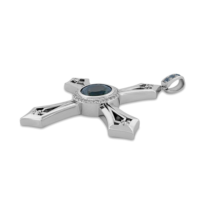 6ct Round Blue Topaz with Natural Diamonds Cross Pendant in 14k White Gold