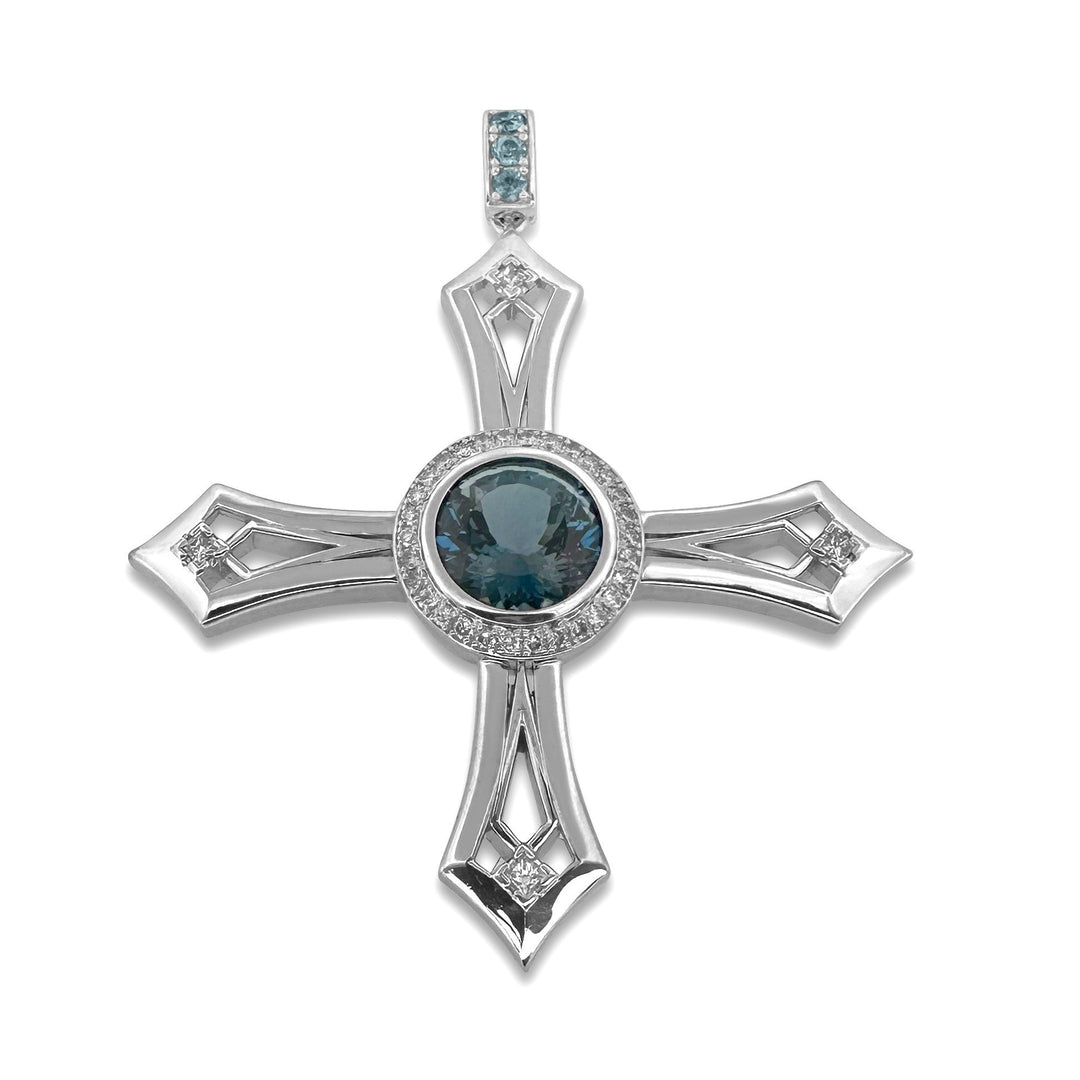 6ct Round Blue Topaz with Natural Diamonds Cross Pendant in 14k White Gold