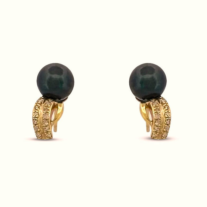 Black Cultured Pearl & Natural Round Brilliant Diamond Earrings in 14k Yellow Gold