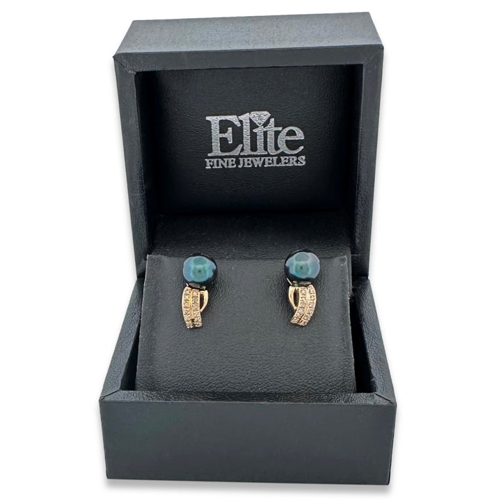 Black Cultured Pearl & Natural Round Brilliant Diamond Earrings in 14k Yellow Gold