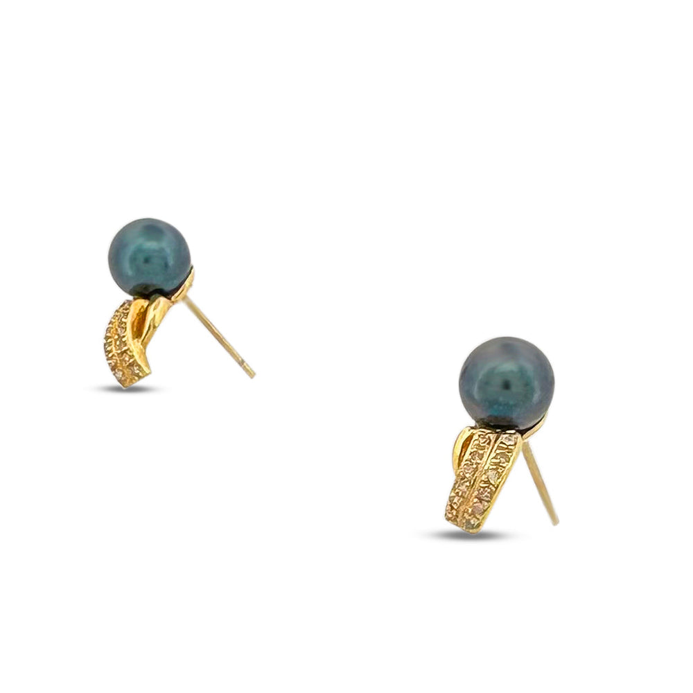 Black Cultured Pearl & Natural Round Brilliant Diamond Earrings in 14k Yellow Gold