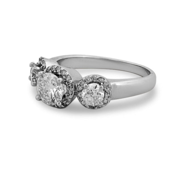 1.50ctw Round Brilliant 3-Stone with Halos Natural Diamond Engagement Ring in 14k White Gold