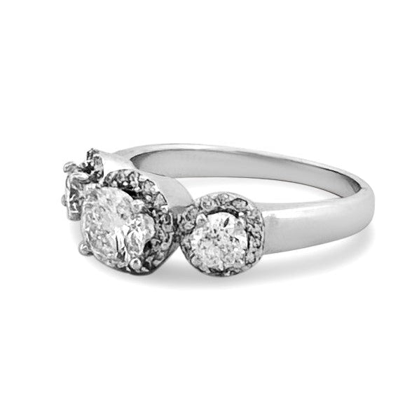 1.50ctw Round Brilliant 3-Stone with Halos Natural Diamond Engagement Ring in 14k White Gold